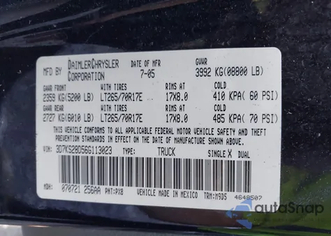 2006 Dodge Ram 2500 St/Slt from USA, damaged, VIN 3D7KS28D56G113023